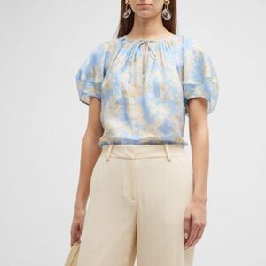 Lafayette 148 New York Pleated Floral-Print Puff-Sleeve Blouse Size XS